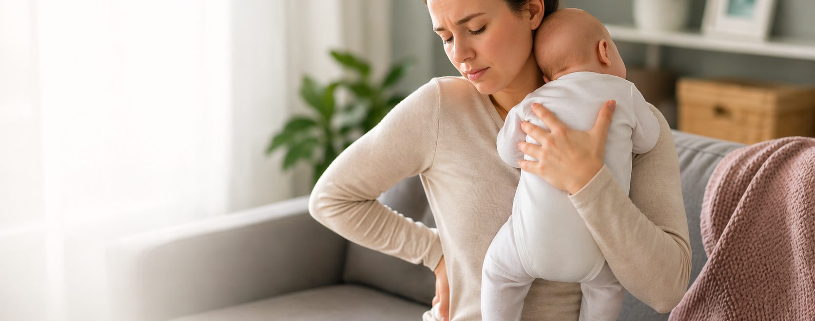 Mother holding newborn with postnatal back and pelvic pain at home