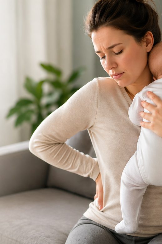 Mother holding newborn with postnatal back and pelvic pain at home