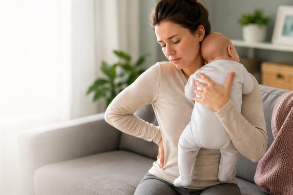 Mother holding newborn with postnatal back and pelvic pain at home