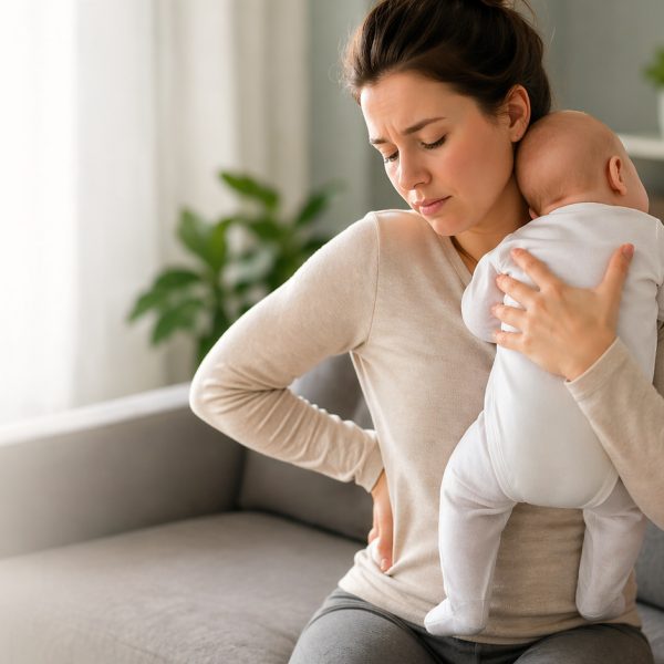 Mother holding newborn with postnatal back and pelvic pain at home