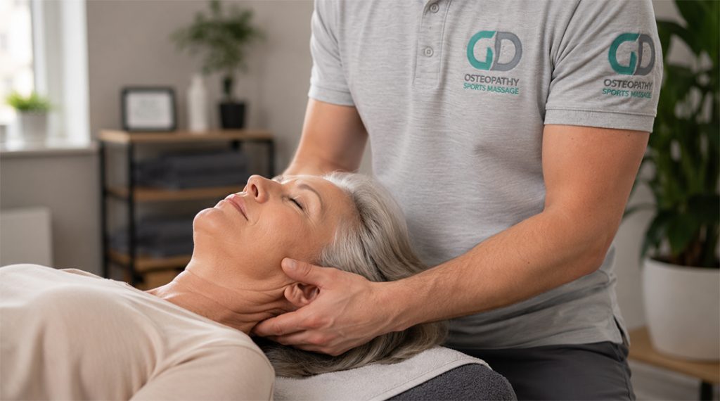 Osteopath performing gentle neck treatment on a patient at GD Osteopathy & Sports Massage clinic