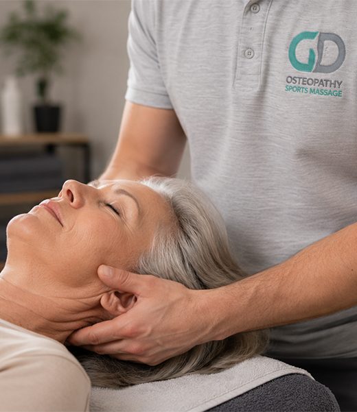 Osteopath performing gentle neck treatment on a patient at GD Osteopathy & Sports Massage clinic