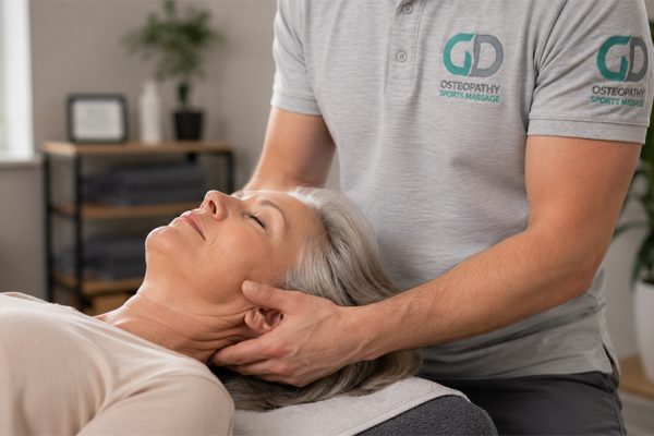 Osteopath performing gentle neck treatment on a patient at GD Osteopathy & Sports Massage clinic
