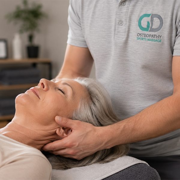 Osteopath performing gentle neck treatment on a patient at GD Osteopathy & Sports Massage clinic