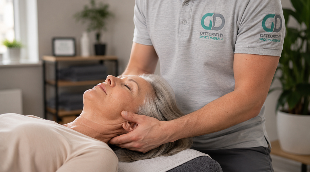 Osteopath performing gentle neck treatment on a patient at GD Osteopathy & Sports Massage clinic
