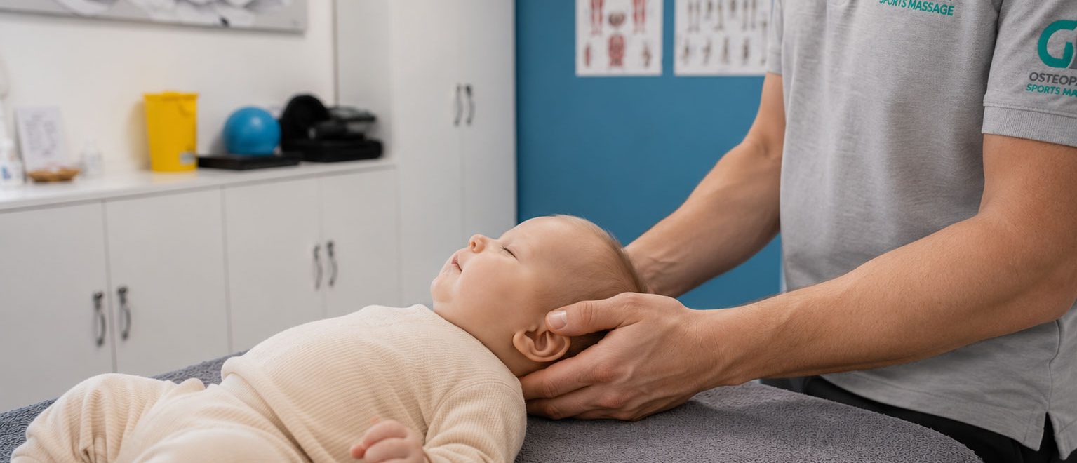 Osteopath gently performing cranial osteopathy for a baby in the treatment room at GD Osteopathy in Enfield.