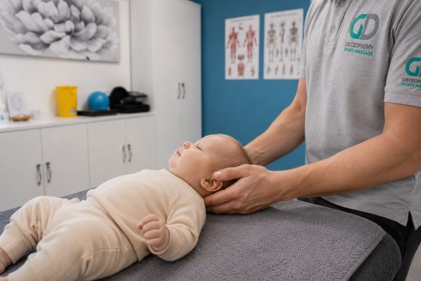 Osteopath gently performing cranial osteopathy for a baby in the treatment room at GD Osteopathy in Enfield.