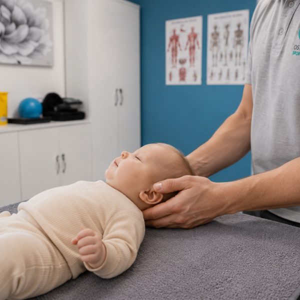 Osteopath gently performing cranial osteopathy for a baby in the treatment room at GD Osteopathy in Enfield.